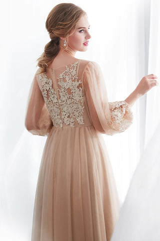 A-Linie Abendkleid mit langen Ärmeln und Applikationen aus Tüll in Champagner