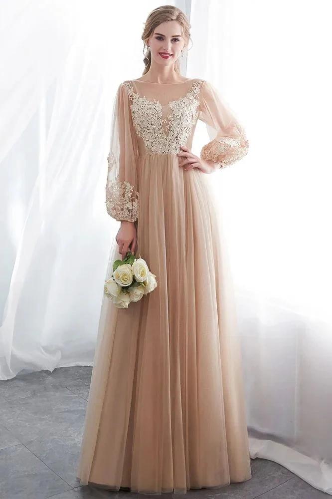 A-line Long Sleeves Appliques Tulle Champagne Evening Dress by misshow.com