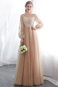 A-line Long Sleeves Appliques Tulle Champagne Evening Dress by misshow.com
