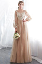 A-line Long Sleeves Appliques Tulle Champagne Evening Dress by misshow.com