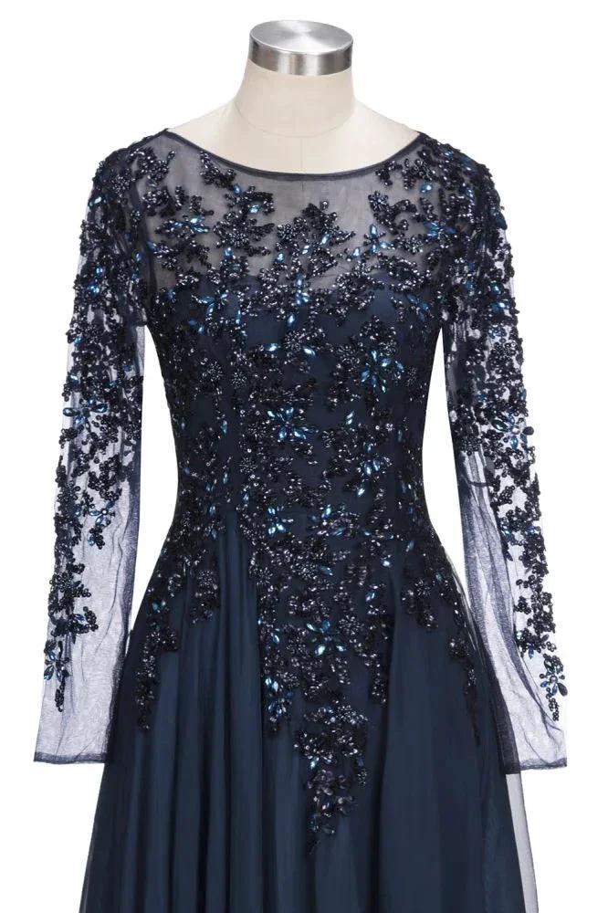 A-line Long Sleeves Plus Size Floor Length Crystals Tulle Prom Dresses by misshow.com