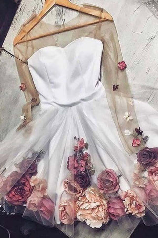 A Line Long Sleeves Short White Floral Prom Dresses Homecoming Dresses PD346