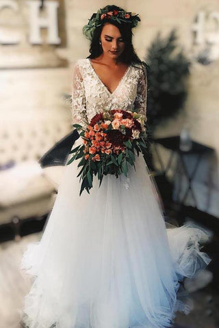 A-Linie Langarm Tüll Brautkleid mit Spitzenapplikation WD324