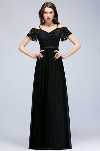 Vestido de dama de honor de gasa con encaje negro, escote en V y corte A largo