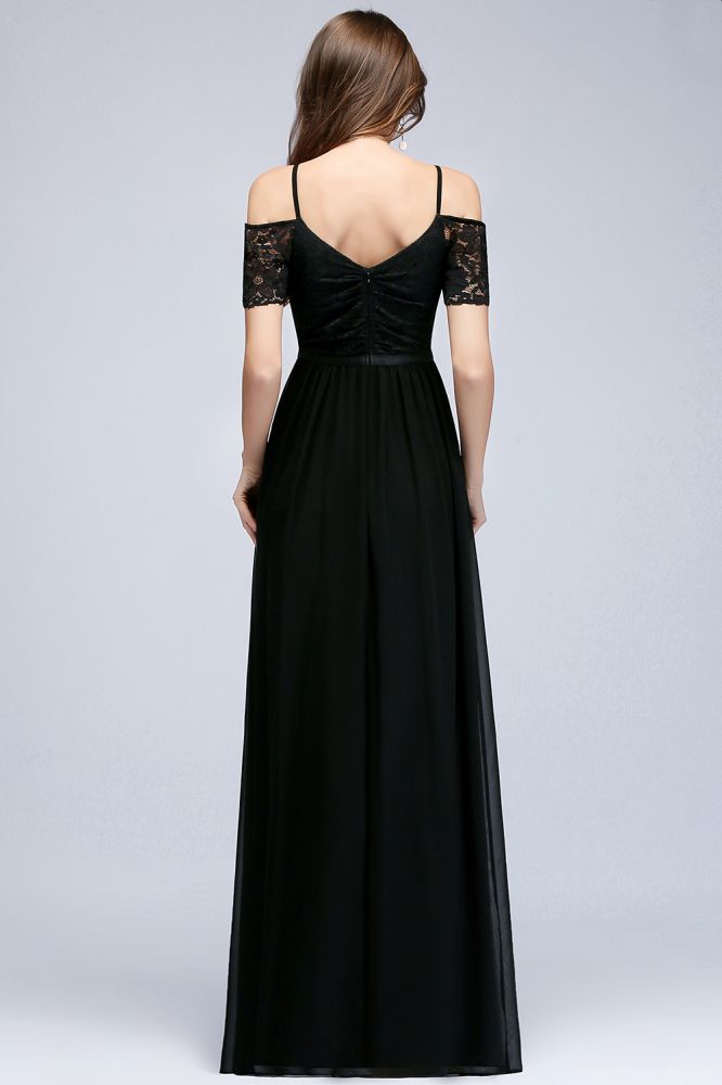 A-line Long Spaghetti V-neck Black Lace Chiffon Bridesmaid Dress