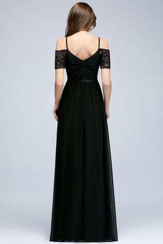 Vestido de dama de honor de gasa con encaje negro, escote en V y corte A largo