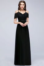 A-line Long Spaghetti V-neck Black Lace Chiffon Bridesmaid Dress