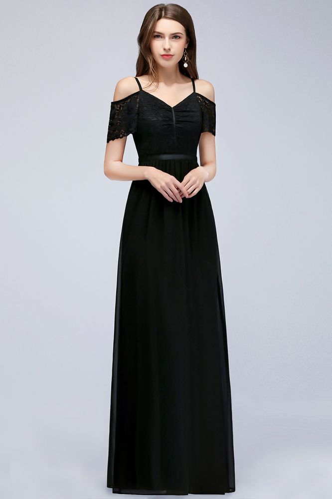 A-line Long Spaghetti V-neck Black Lace Chiffon Bridesmaid Dress