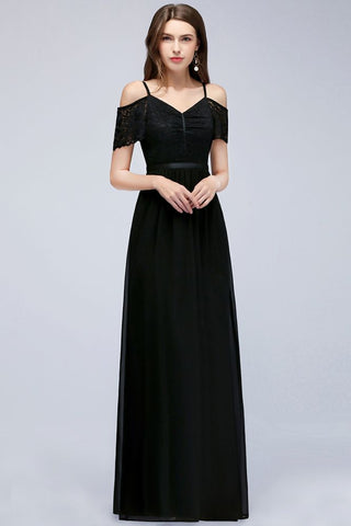 Vestido de dama de honor de gasa con encaje negro, escote en V y corte A largo