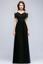 A-line Long Spaghetti V-neck Black Lace Chiffon Bridesmaid Dress