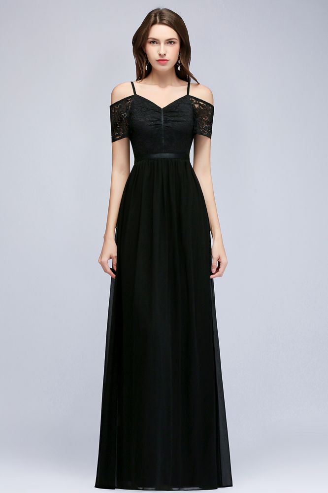 A-line Long Spaghetti V-neck Black Lace Chiffon Bridesmaid Dress