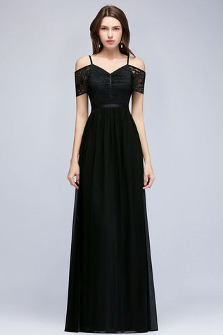 Vestido de dama de honor de gasa con encaje negro, escote en V y corte A largo