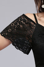 A-line Long Spaghetti V-neck Black Lace Chiffon Bridesmaid Dress