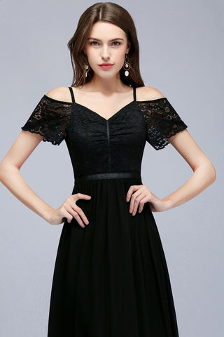 Vestido de dama de honor de gasa con encaje negro, escote en V y corte A largo