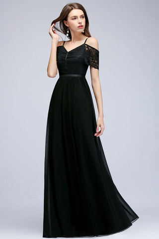 Vestido de dama de honor de gasa con encaje negro, escote en V y corte A largo