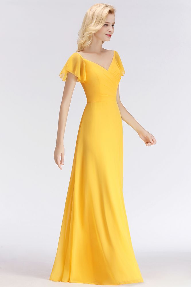 A-line Long V-neck Short Sleeves Yellow Chiffon Bridesmaid Dresses