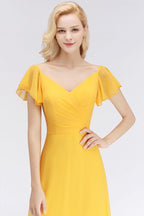 A-line Long V-neck Short Sleeves Yellow Chiffon Bridesmaid Dresses