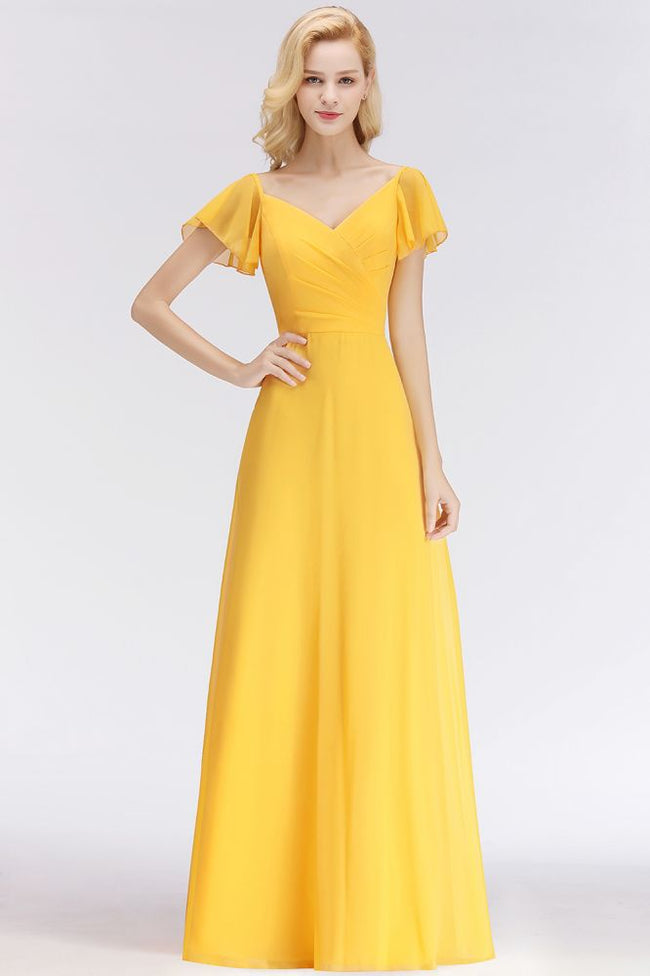 A-line Long V-neck Short Sleeves Yellow Chiffon Bridesmaid Dresses Hover Image