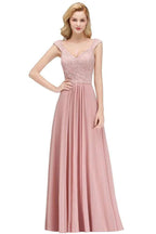 A-line Long V-neck Sleeveless Formal Party Dress Lace Top Chiffon Bridesmaid Dress by misshow.com