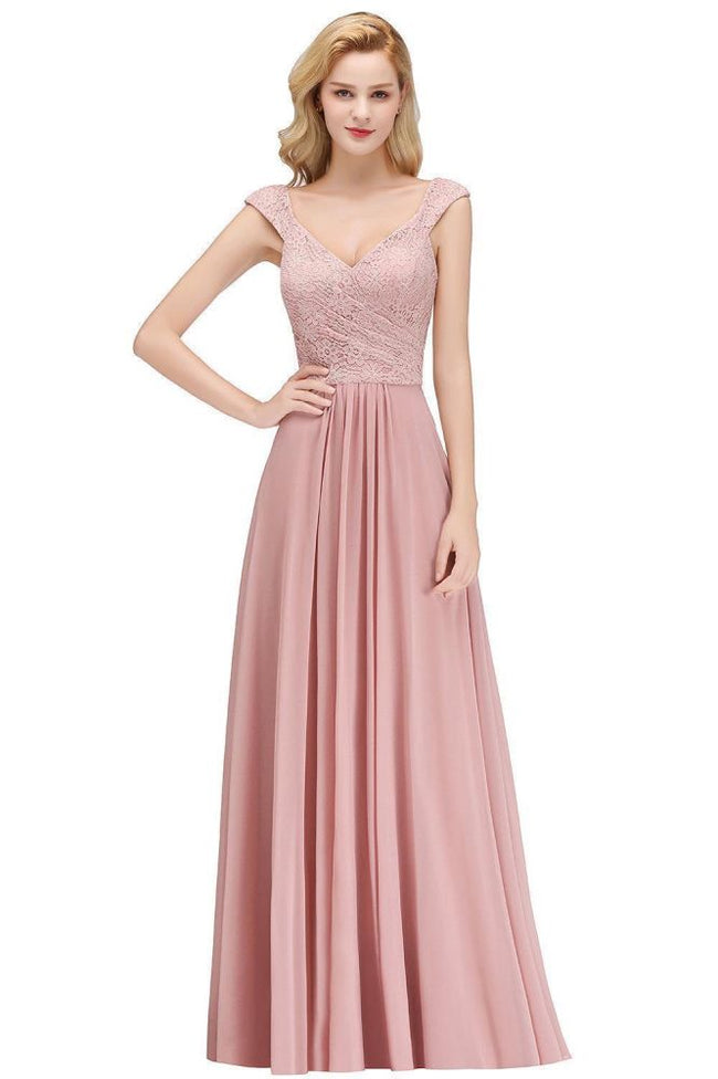 A-line Long V-neck Sleeveless Formal Party Dress Lace Top Chiffon Bridesmaid Dress Main Image