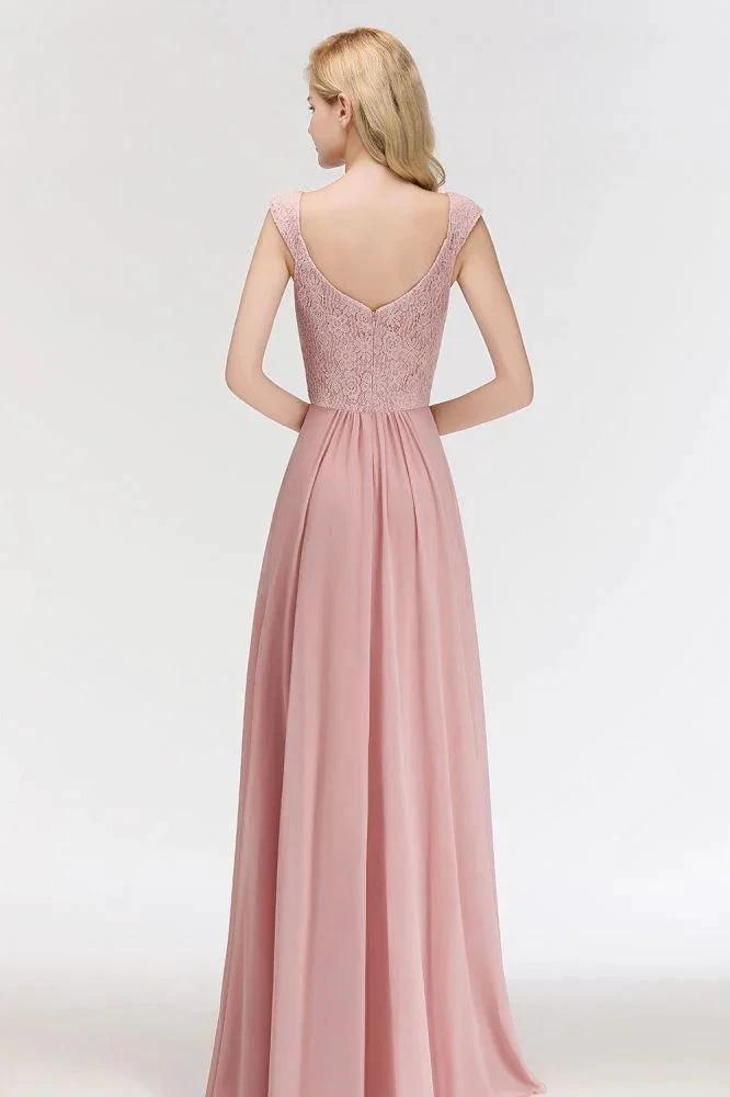 A-line Long V-neck Sleeveless Formal Party Dress Lace Top Chiffon Bridesmaid Dress by misshow.com