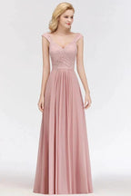 A-line Long V-neck Sleeveless Formal Party Dress Lace Top Chiffon Bridesmaid Dress by misshow.com
