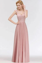 A-line Long V-neck Sleeveless Formal Party Dress Lace Top Chiffon Bridesmaid Dress by misshow.com