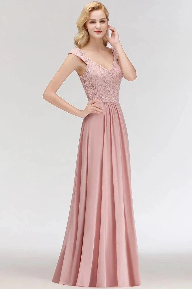 A-line Long V-neck Sleeveless Formal Party Dress Lace Top Chiffon Bridesmaid Dress by misshow.com