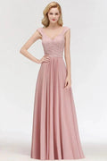 A-line Long V-neck Sleeveless Formal Party Dress Lace Top Chiffon Bridesmaid Dress by misshow.com