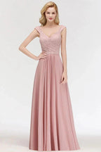 A-line Long V-neck Sleeveless Formal Party Dress Lace Top Chiffon Bridesmaid Dress by misshow.com