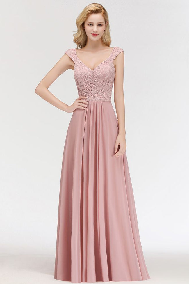 A-line Long V-neck Sleeveless Formal Party Dress Lace Top Chiffon Bridesmaid Dress Hover Image