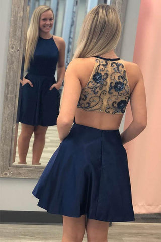 Kurzes A-Linien-Ballkleid in Marineblau mit Perlenbesatz am Rücken, PD328