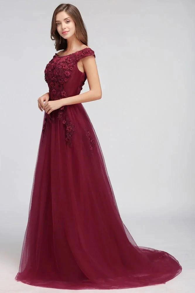 A-line Off-shoulder Floor-length Tulle Appliques Prom Dresses by misshow.com