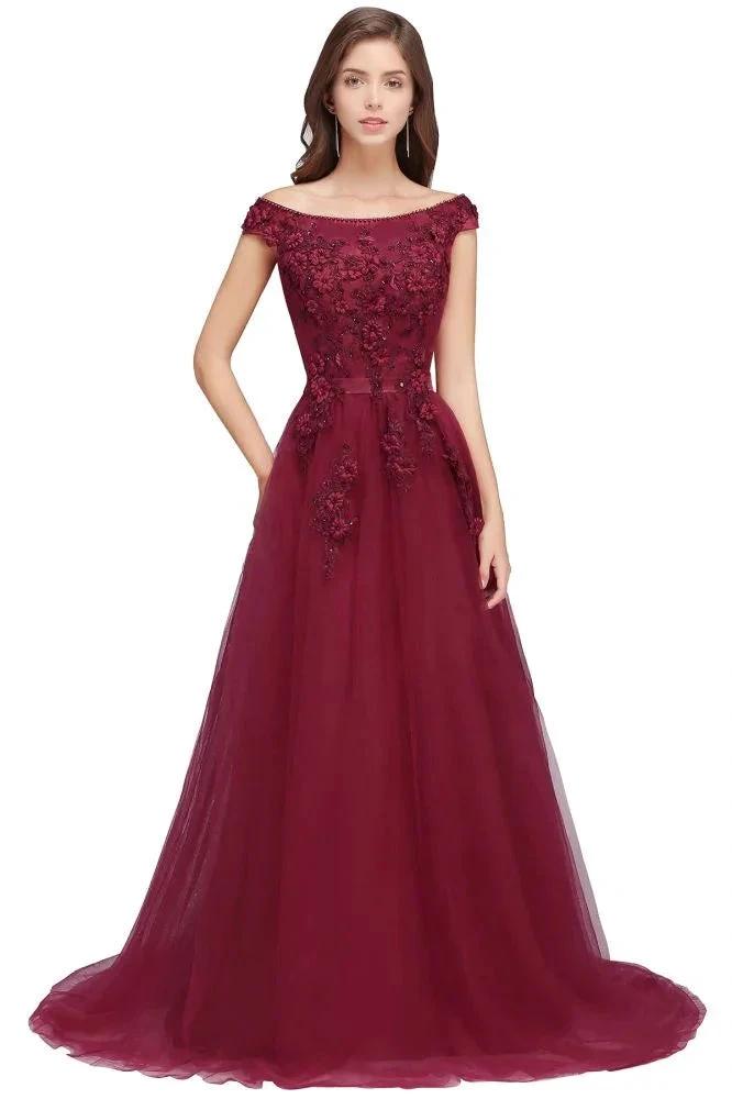 A-line Off-shoulder Floor-length Tulle Appliques Prom Dresses by misshow.com