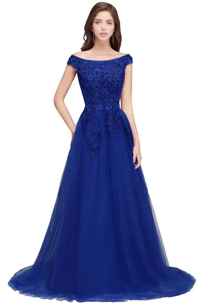 A-line Off-shoulder Floor-length Tulle Appliques Prom Dresses by misshow.com