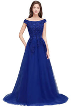 A-line Off-shoulder Floor-length Tulle Appliques Prom Dresses by misshow.com