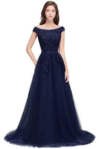 A-line Off-shoulder Floor-length Tulle Appliques Prom Dresses by misshow.com