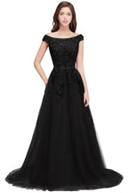 A-line Off-shoulder Floor-length Tulle Appliques Prom Dresses by misshow.com