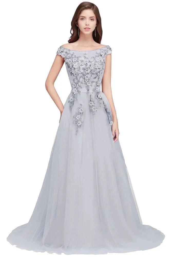 A-line Off-shoulder Floor-length Tulle Appliques Prom Dresses by misshow.com