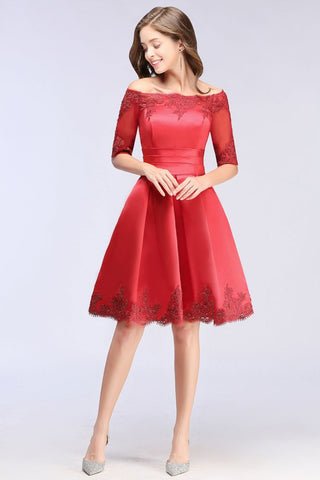 A-line Off-shoulder Half Sleeves Short Lace Appliques Prom Dresses