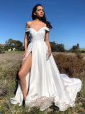 A-line Off Shoulder Satin Long Prom Dresses with High Split White Formal Graduation Evening Gowns by BIZTUNNEL