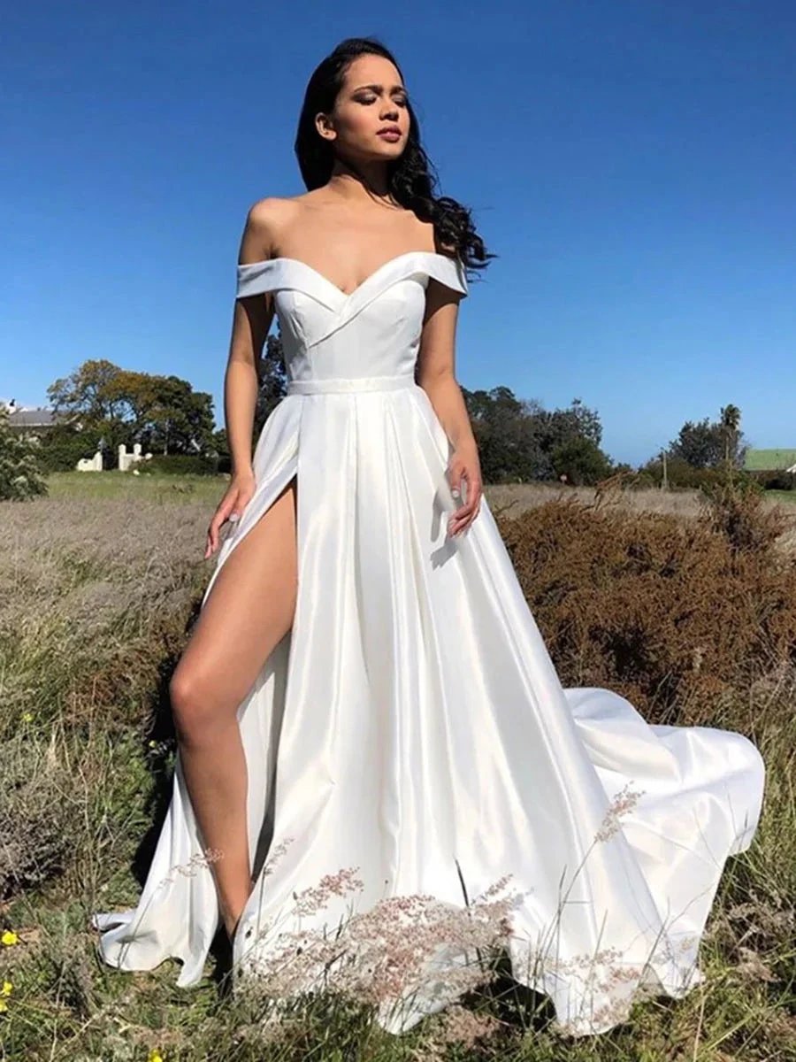 A-line Off Shoulder Satin Long Prom Dresses with High Split White Formal Graduation Evening Gowns by BIZTUNNEL