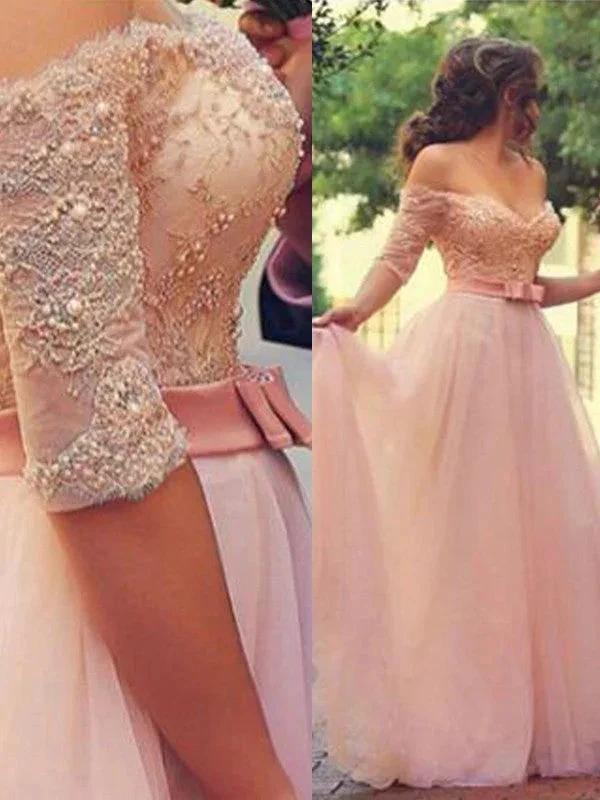 A-Line Off-the-Shoulder 1/2 Sleeves Floor-Length With Lace Tulle Prom Dresses by misshow.com
