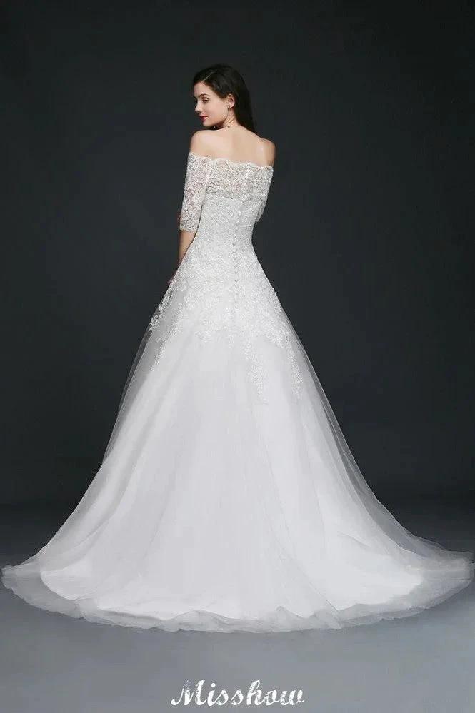 A-line Off-the-Shoulder Court Train Tulle Wedding Dresses with Buttons by misshow.com