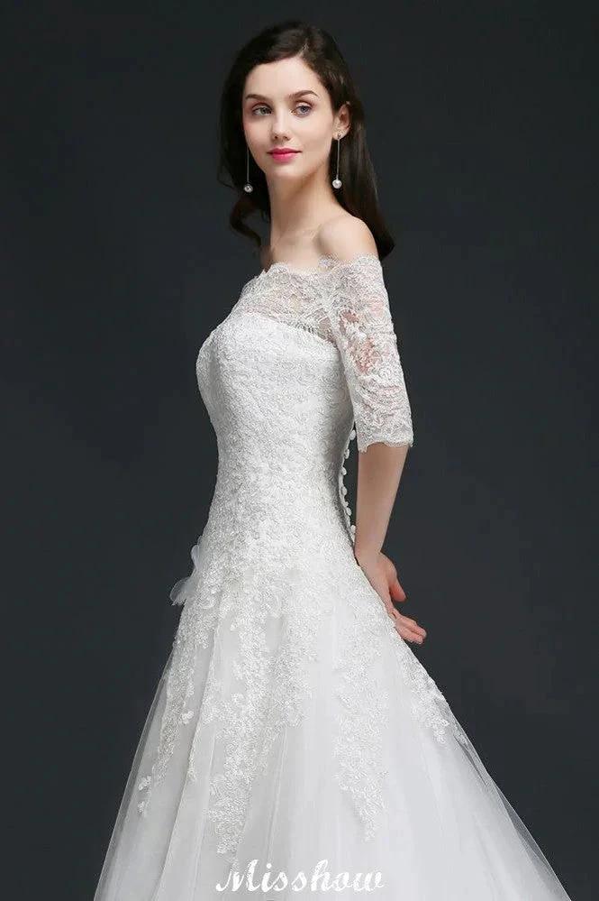 A-line Off-the-Shoulder Court Train Tulle Wedding Dresses with Buttons by misshow.com