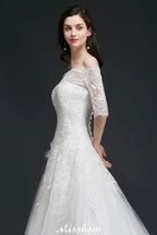 A-line Off-the-Shoulder Court Train Tulle Wedding Dresses with Buttons by misshow.com