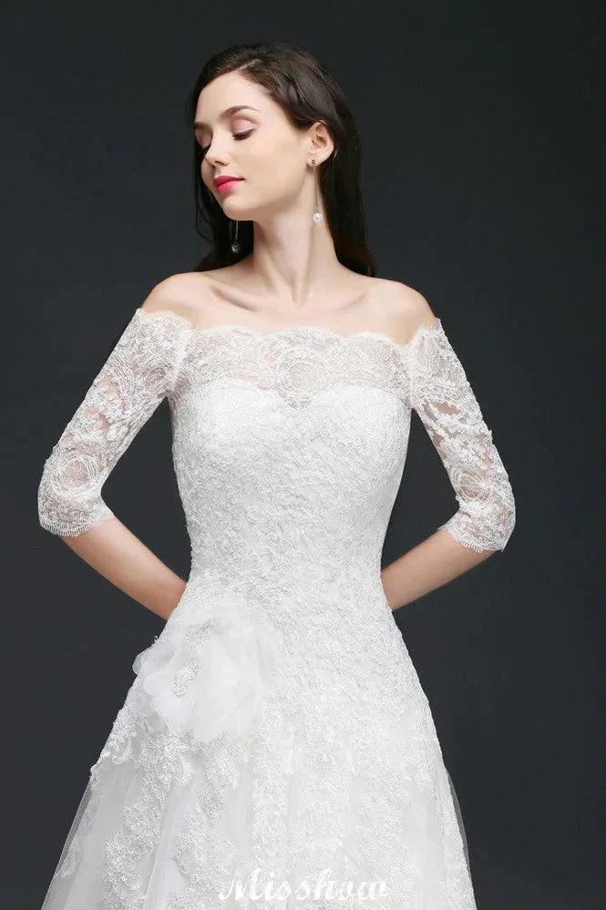A-line Off-the-Shoulder Court Train Tulle Wedding Dresses with Buttons by misshow.com