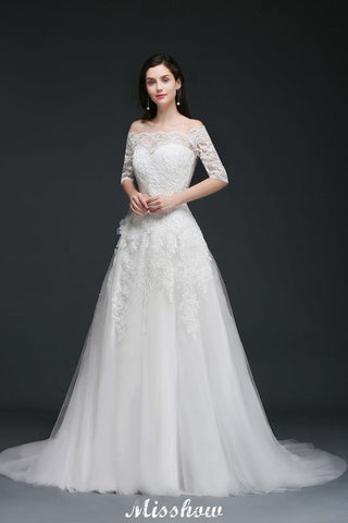 A-Linie Off-the-Shoulder Hofschleppe Tüll Brautkleider mit Knöpfen