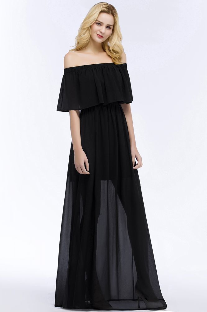 A-line Off-the-shoulder Floor Length Black Chiffon Bridesmaid Dresses