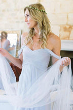 A-Line Off-the-Shoulder Floor-Length Light Blue Chiffon Bridesmaid Dress BD065 by pgmdress
